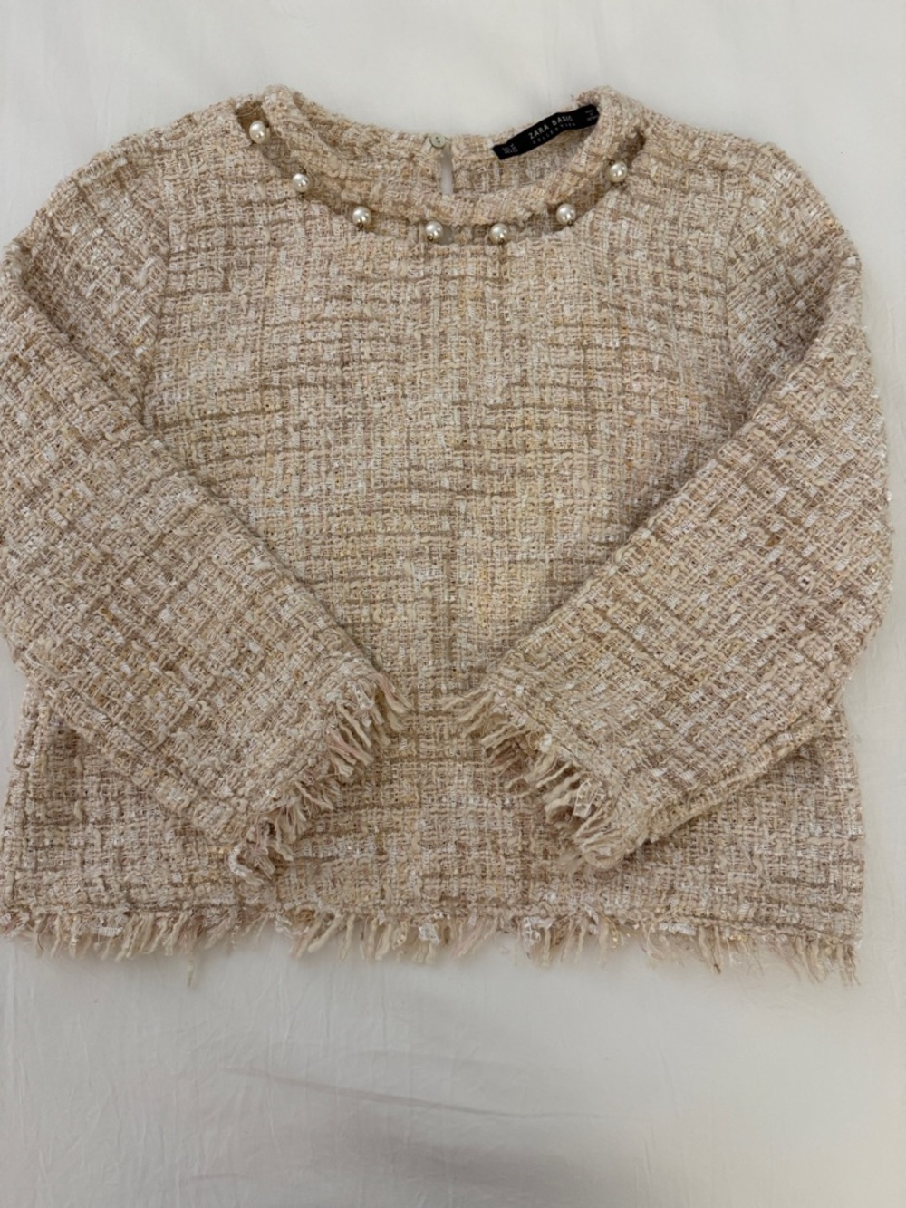 Zara Pearl-Embellished Tweed Top in Beige and Cream